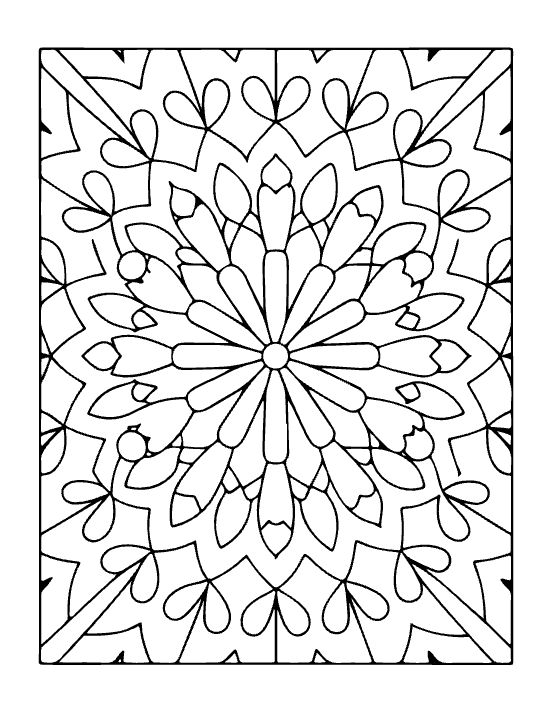 Symmetrical floral mandala featuring heart shaped petals and thick black outlines for a simple coloring page.