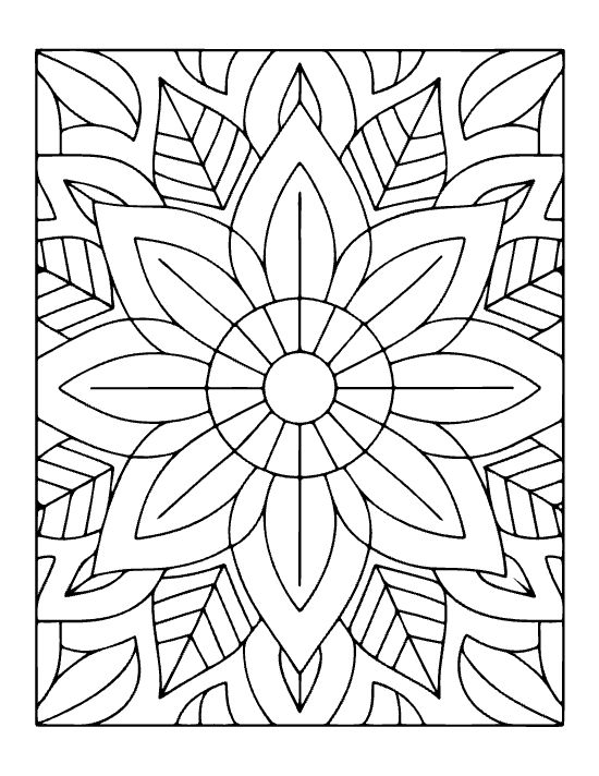 Floral mandala with large pointed petals and veined leaves in a simple, symmetrical bold and easy.