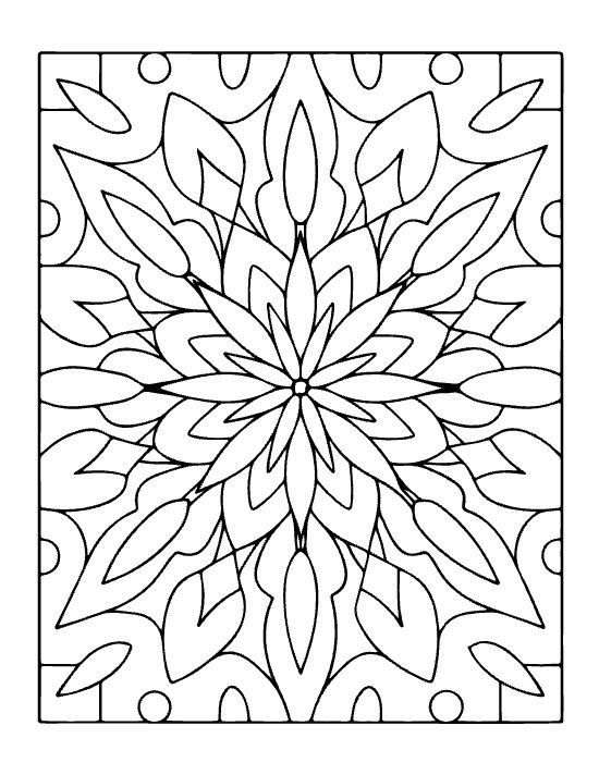 Symmetrical floral patterns radiate from a central point with thick black outlines in this bold and easy mandala.