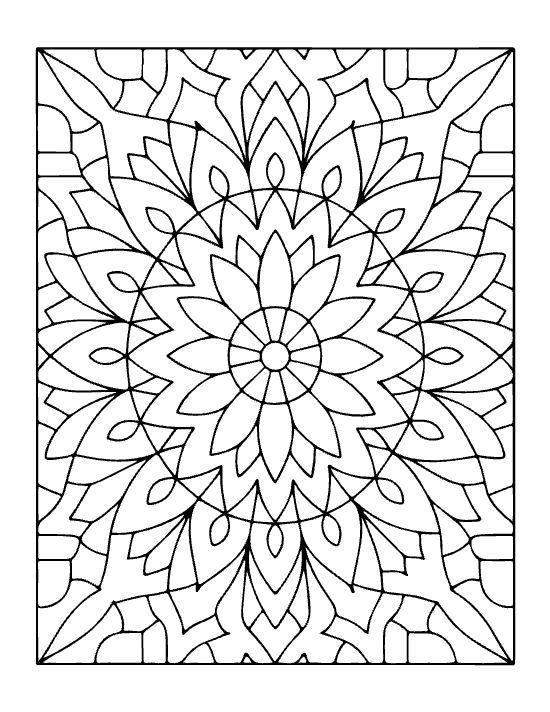Floral mandala with symmetrical petal layers and thick black outlines for an easy adult coloring page.