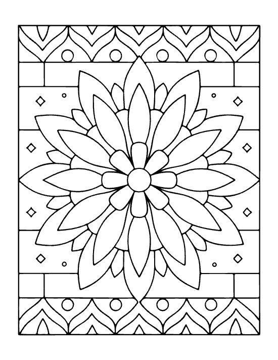Symmetrical floral bloom with pointed petals and geometric borders in a thick line mandala.