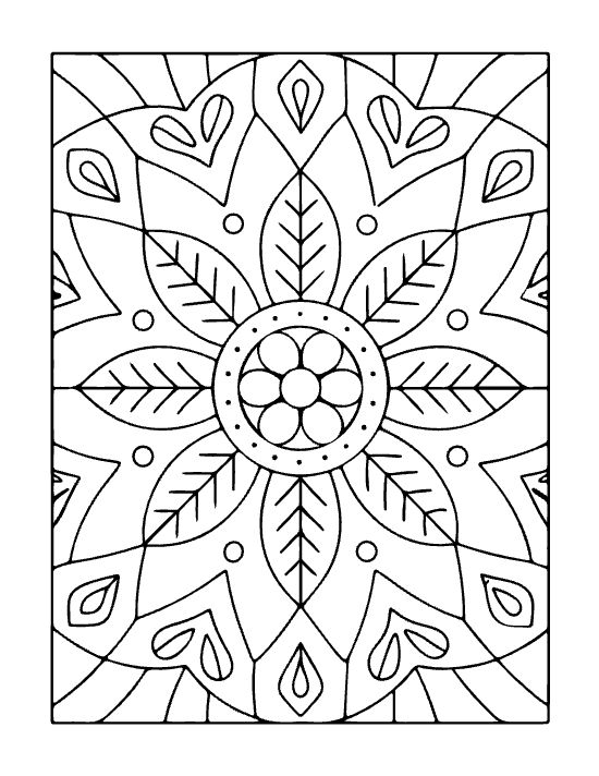 Floral mandala with leaf motifs and heart shapes in a symmetrical composition for a bold and easy coloring page.