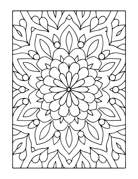 Floral mandala with thick outlines featuring a central daisy motif and layered petal shapes bold and easy.
