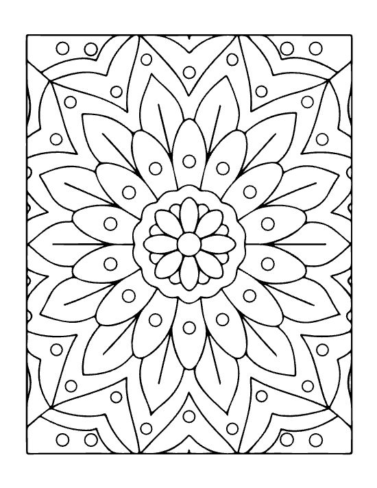 Floral mandala with layered petals and circular motifs in a simple symmetrical composition coloring page.