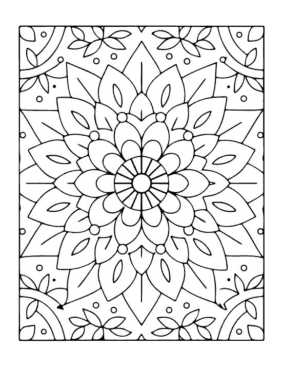 Floral mandala with layered pointed petals and small circular accents in a symmetrical bold and easy mandala.