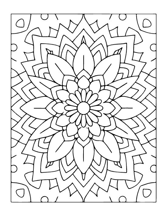 Floral mandala with layered petals and geometric star shapes in a bold and easy coloring page.