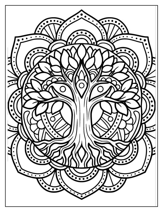 Tree of life with a leafy canopy and roots inside a petal ring mandala, coloring page