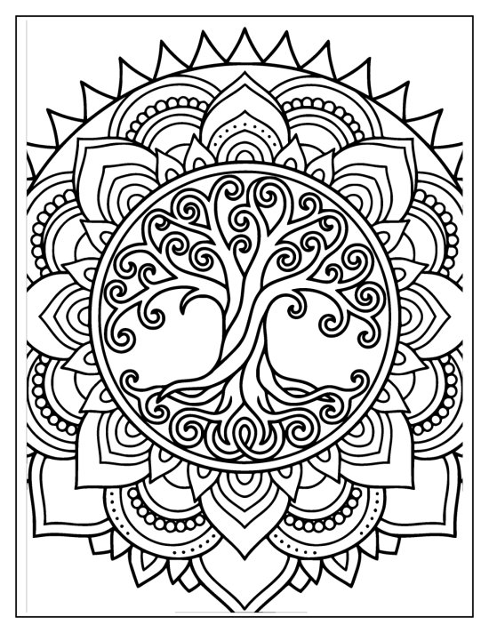 Tree of life with Celtic swirling branches inside a ring of sunrays, mandala