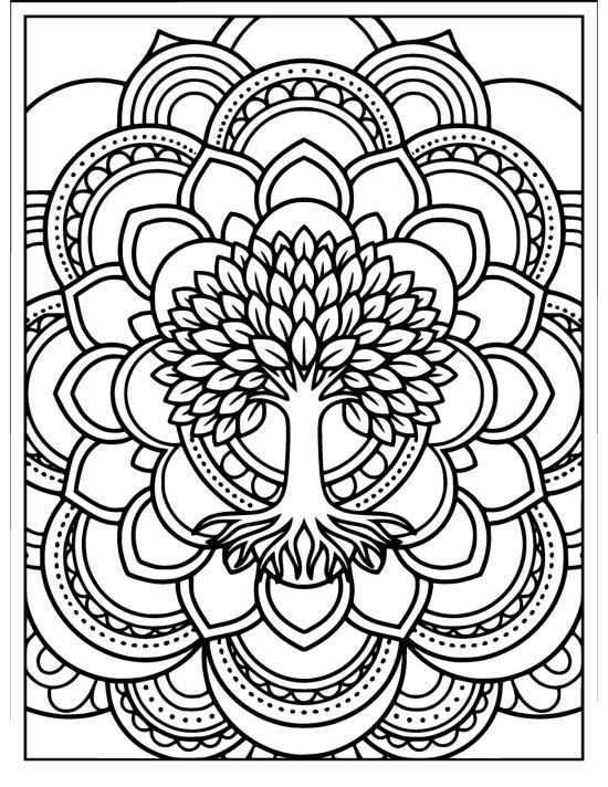 Tree of life with a full round crown inside a petal ring mandala, coloring page