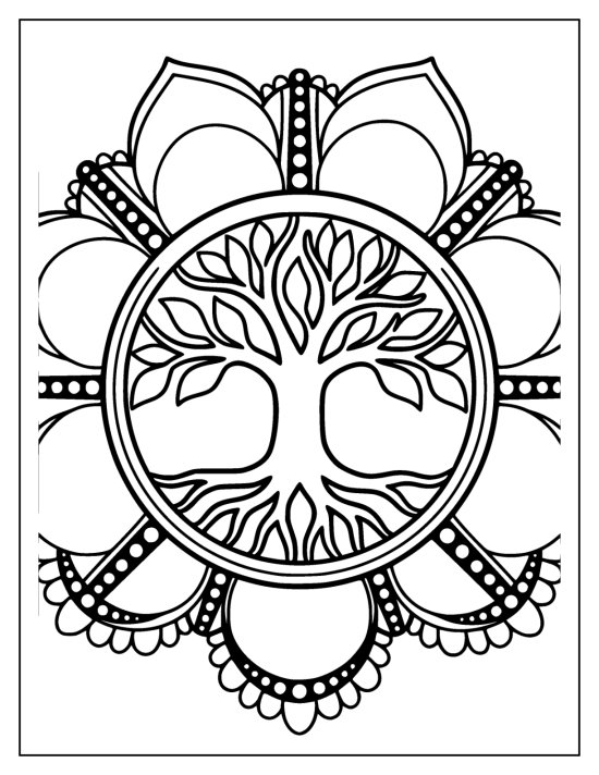 Tree of life inside two concentric circles ringed with dotted bands, coloring sheet