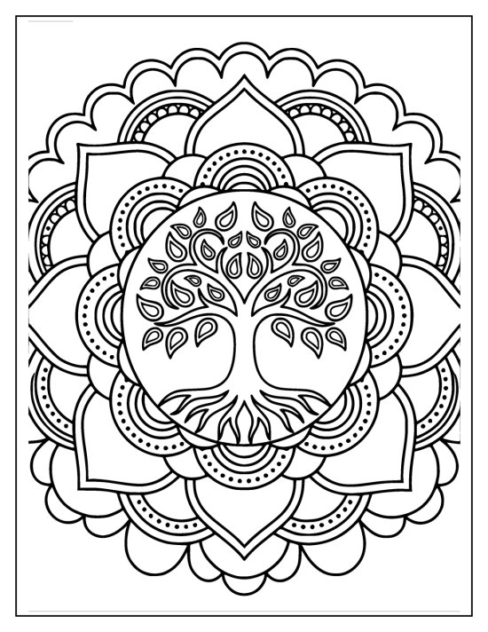 Tree of life with paisley leaves on curving branches inside a scalloped flower, mandala