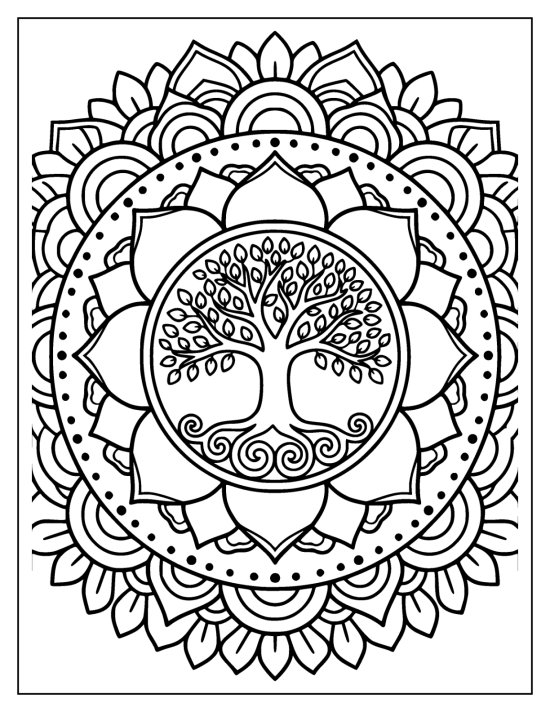 Tree of life with small round leaves and spiral roots in a lotus ring, coloring page