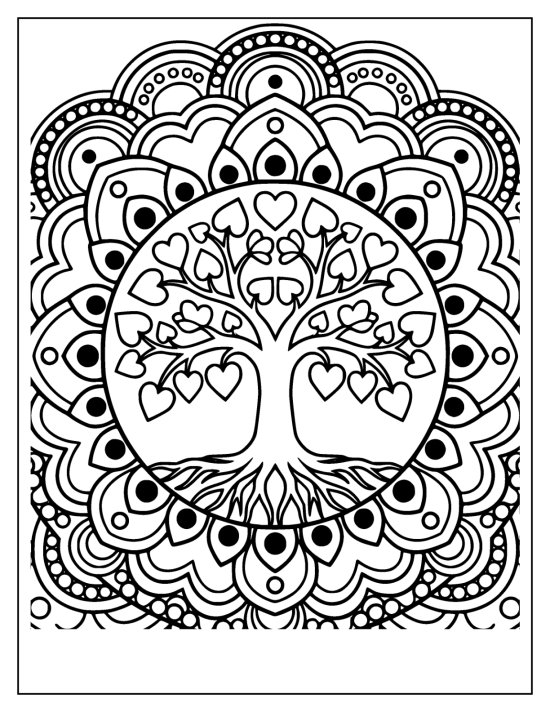 Tree of life with heart shaped leaves inside concentric teardrop rings, coloring sheet