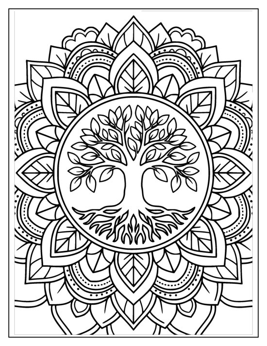 Tree of life with a rounded crown and deep roots inside a sunburst of petals, mandala