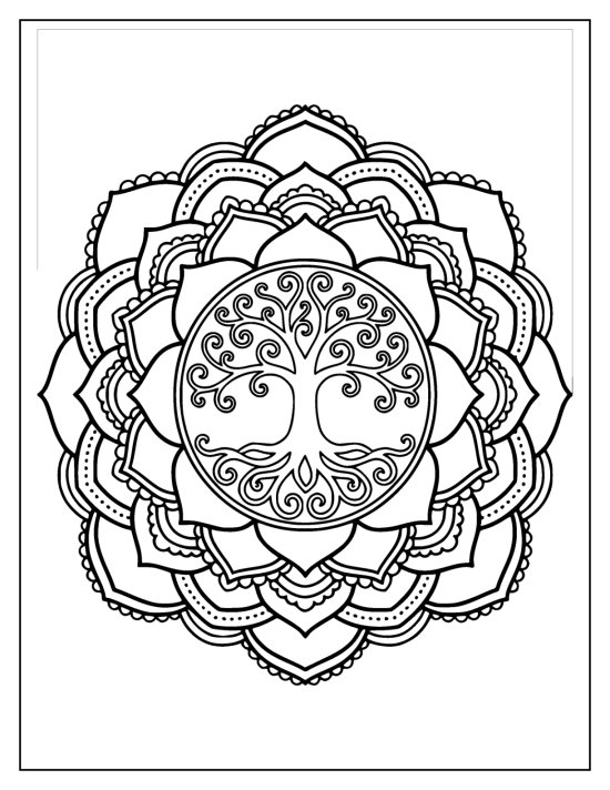 Tree of life with delicate curling branches inside a wide lotus petal ring, coloring page