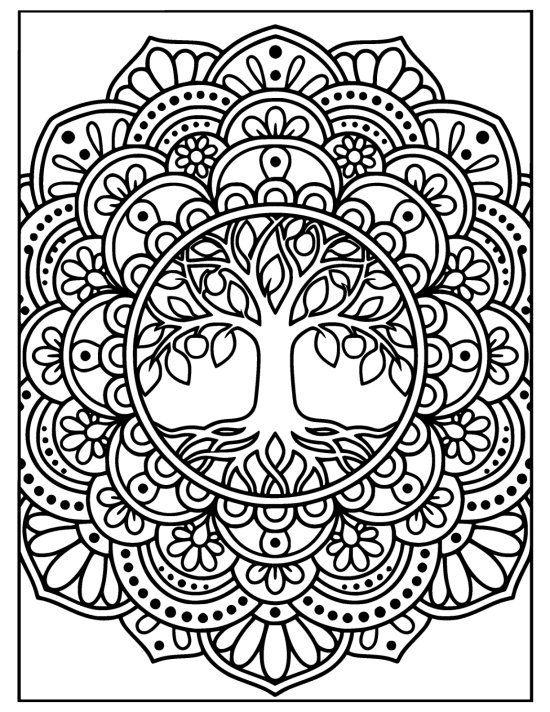 Tree of life with a circular canopy and roots framed by scalloped arcs, coloring sheet