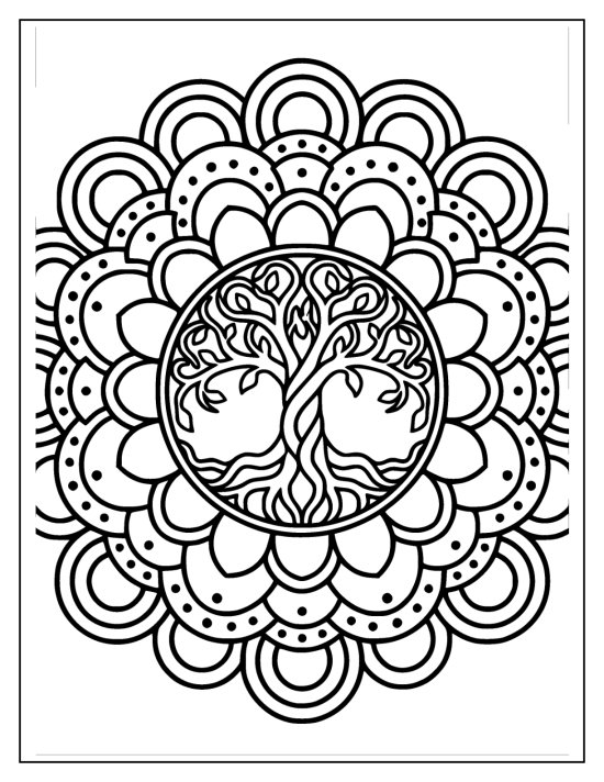 Tree of life with vine like twisting branches inside dotted petal bands, mandala