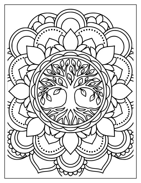 Tree of life centered in concentric lotus petals and dotted bands, coloring sheet