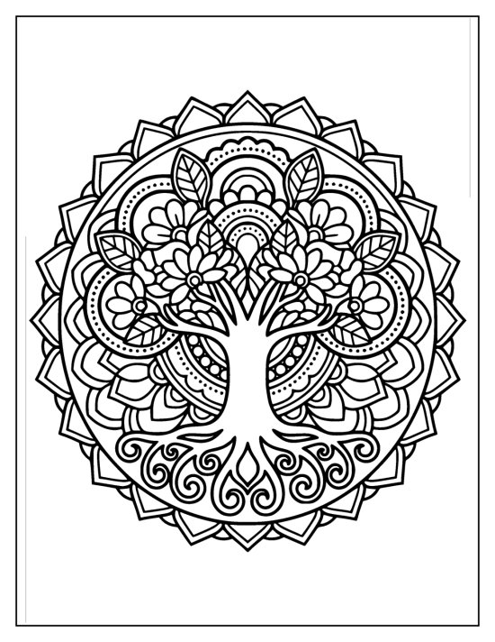 Tree of life with a flowering crown inside a ring of pointed geometric petals, coloring page