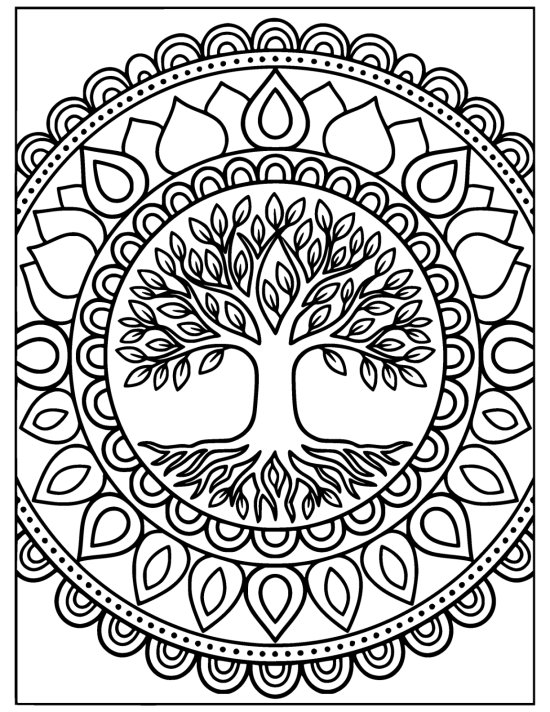 Tree of life with an oval canopy inside a lotus and teardrop border, coloring sheet