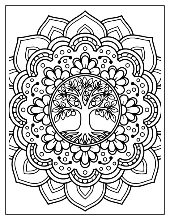 Tree of life forming a circle of small leaves inside a scalloped flower ring, mandala