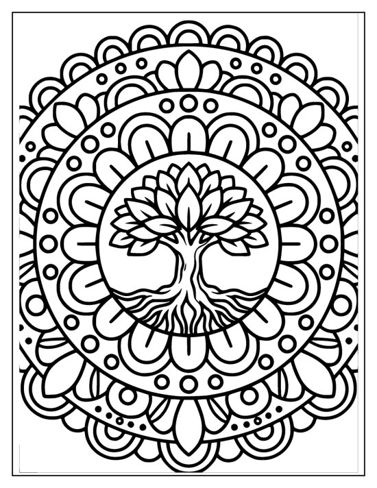 Tree of life with a layered crown and spreading roots in concentric petal rings, coloring page