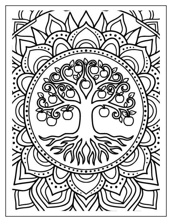 Tree of life with round fruit on curling branches inside a sunburst frame, coloring sheet