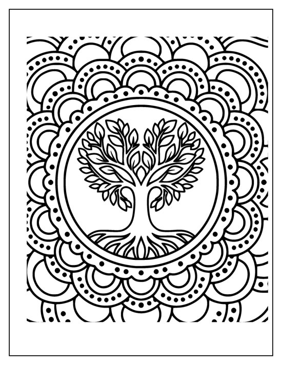 Tree of life with a heart shaped canopy inside dotted arcs and petals, mandala