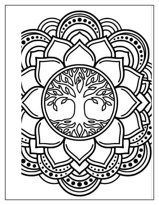 Tree of life with bare lacy branches and roots inside a lotus petal mandala, coloring page