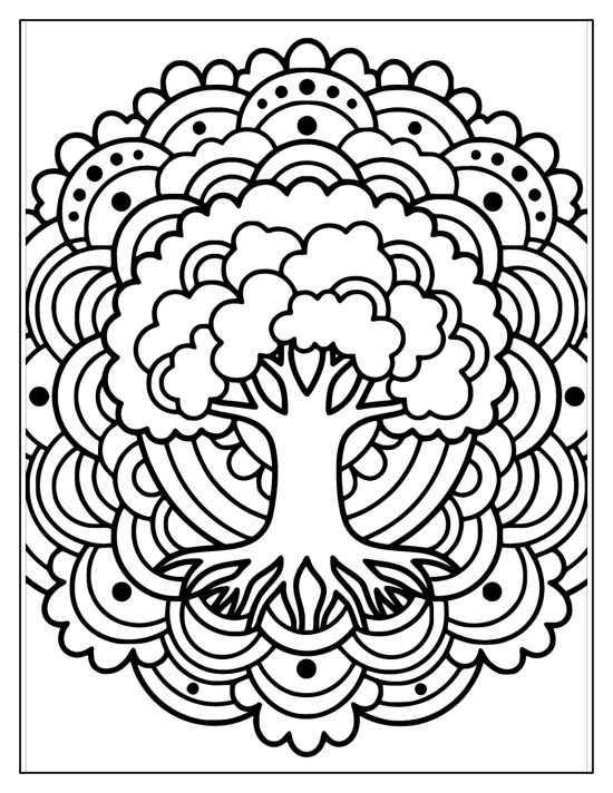 Bold tree of life with a broad crown and roots in concentric scalloped rings, coloring sheet