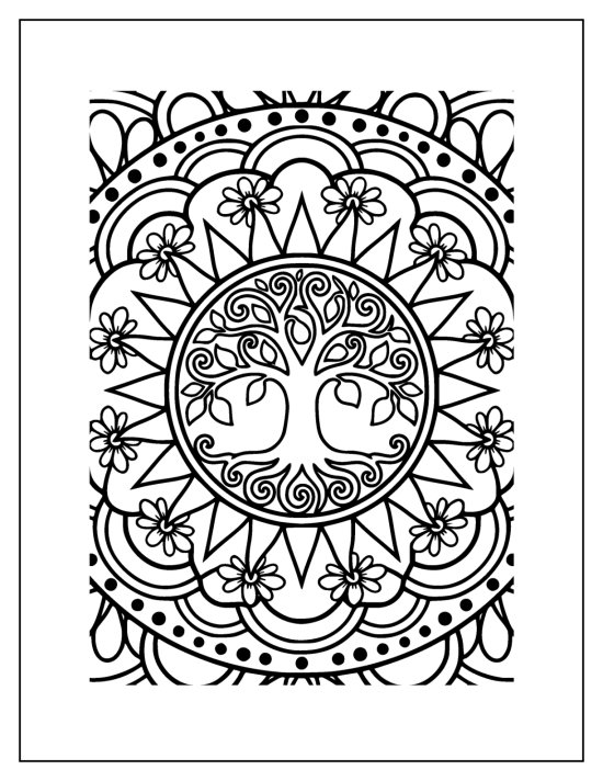 Tree of life with swirling branches meeting in a medallion of sunrays, mandala