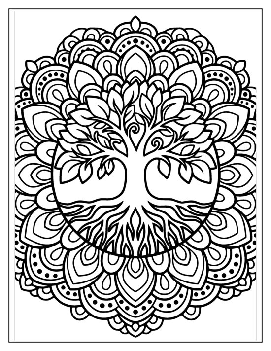 Tree of life with a full canopy and mirrored roots inside teardrop petals, coloring page