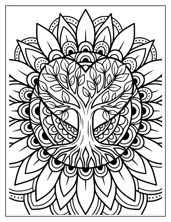 Tree of life with a heart shaped canopy inside a sunburst of pointed petals, mandala