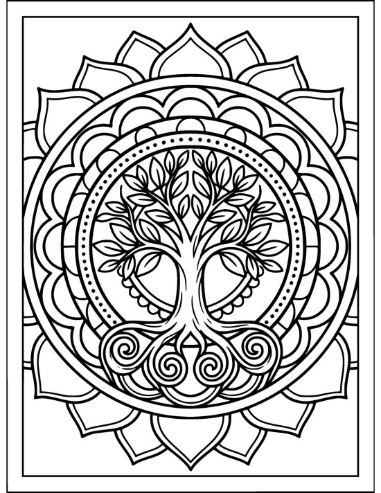Tree of life with delicate foliage inside two rings and a lotus border, coloring sheet