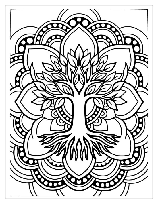 Grand tree of life with a broad canopy and deep roots in concentric mandala bands, mandala