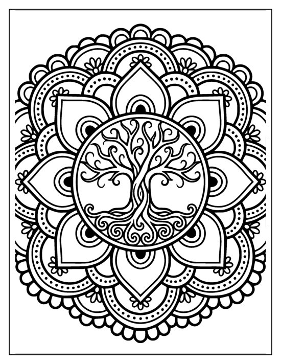 Tree of life with curling branches and swirling roots in a scalloped ring, coloring page