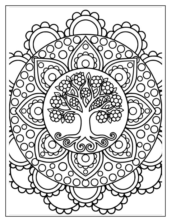 Blossoming tree of life inside a mandala of teardrop petals and dot rows, coloring sheet