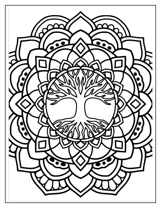 Tree of life with mirrored branches and roots framed by geometric diamonds, mandala
