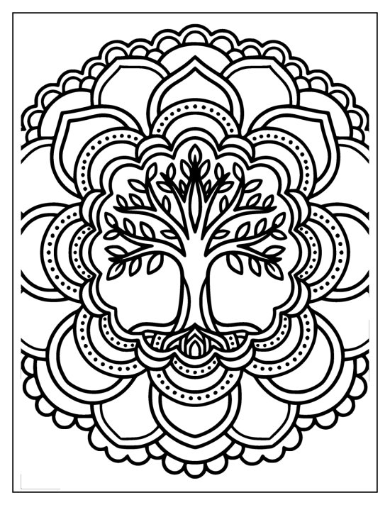 Tall tree of life inside a medallion ringed with scalloped lace, coloring page