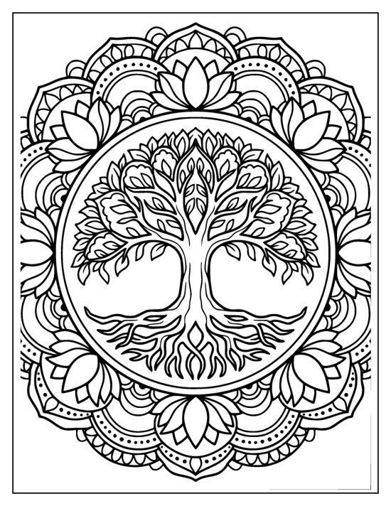 Tree of life with a wide canopy and gnarled roots inside a lotus border, coloring sheet