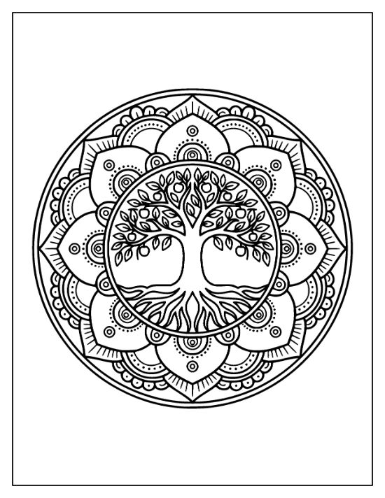 tree of life mandala coloring printable with a central leafy tree and circular lotus patterns, mandala