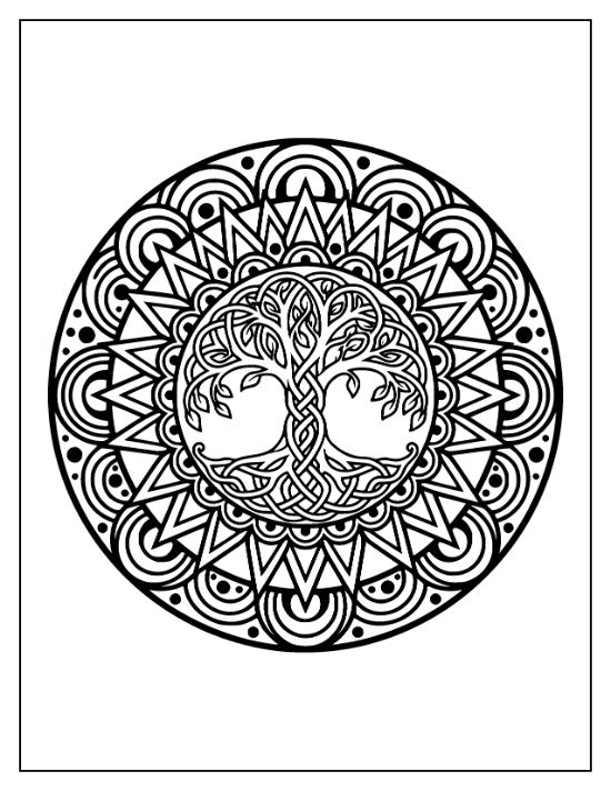 A circular tree of life with braided roots and branches surrounded by geometric patterns coloring page.