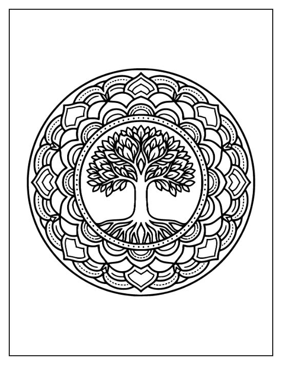 Symmetrical tree with leafy branches and exposed roots centered within a circular lotus petal mandala.