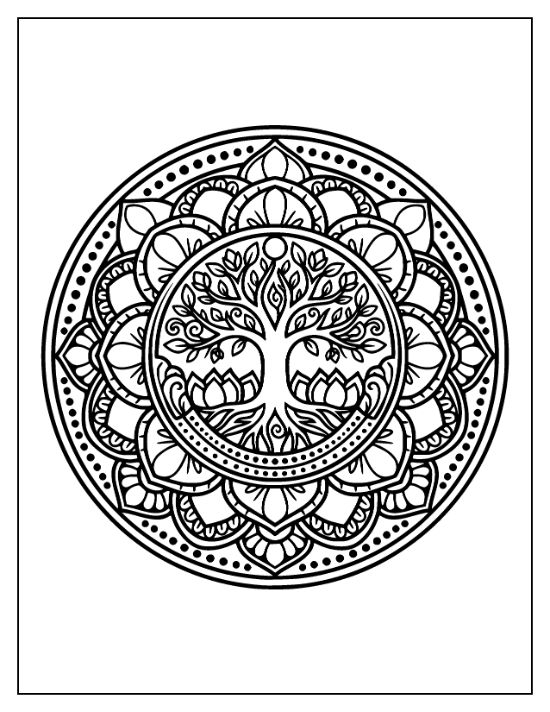 A leafy tree centered within a circular mandala featuring lotus petals and dotted borders coloring page.