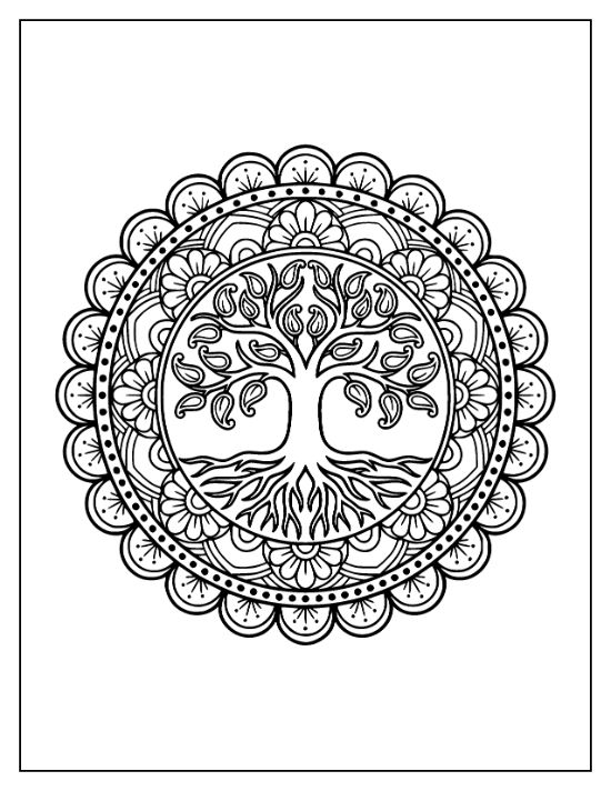Stylized tree with paisley leaves centered in a circular floral frame for an adult coloring page.