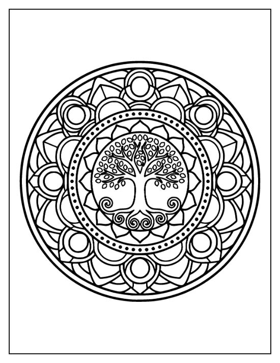 A circular tree of life mandala with symmetrical leaves and swirling roots in a bold coloring page.