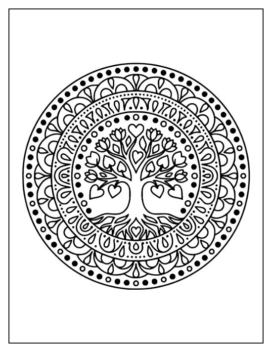Tree with heart shaped leaves centered within a circular frame of dots and scallops coloring page.