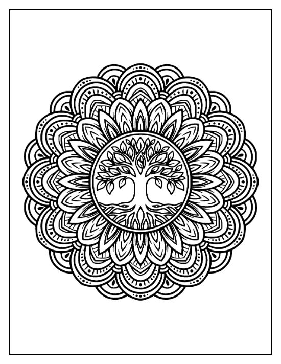 Symmetrical tree with leafy branches and deep roots centered within a circular floral mandala coloring page.