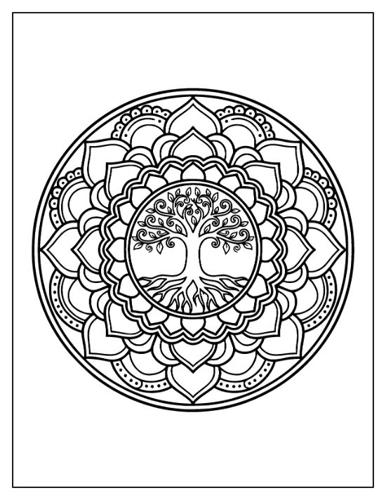 Symmetrical tree with swirling leaves and deep roots centered within a floral mandala coloring sheet.