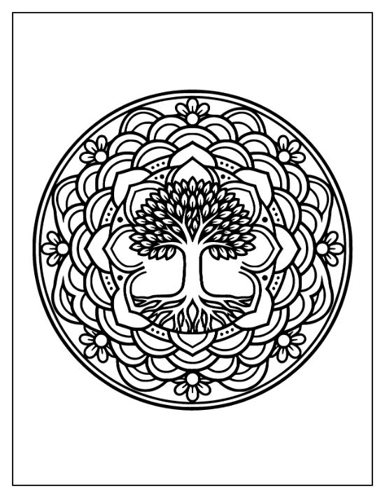 A leafy tree with visible roots centered within a circular mandala featuring scalloped borders and floral motifs coloring sheet.